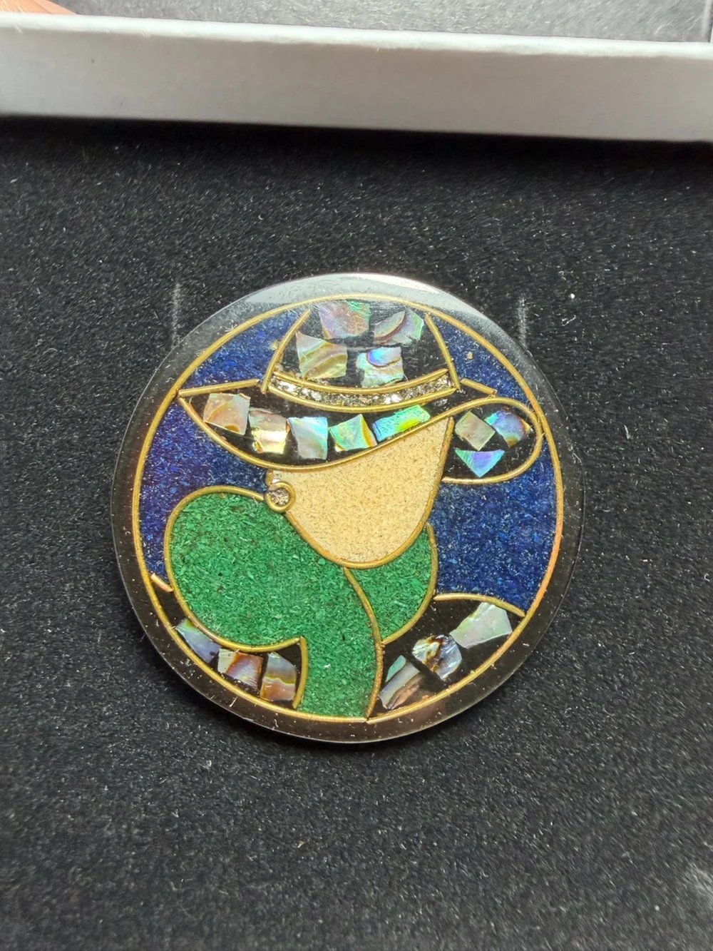 VTG Lee Sands Mosaic Inlay Lady in Hat Brooch Abalone Shell Art Deco Style Pin